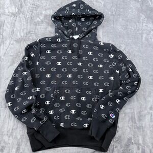 Champion Reverse Weave Mens Medium All Over C Logo Hoodie Black